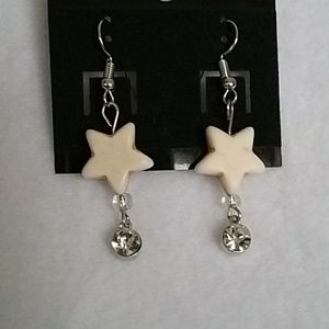 White stars with rhinestones hook earrings
